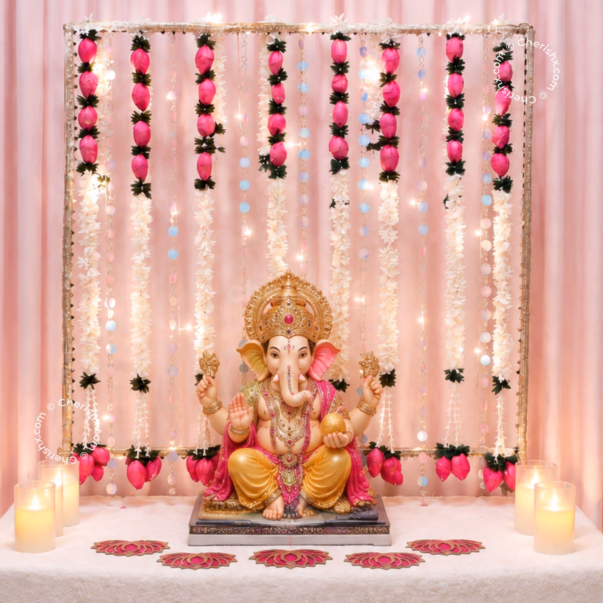 Lotus and Crystal Theme Ganpati Backdrop with Pink Lotus Garlands and Fairy Light Decoration.