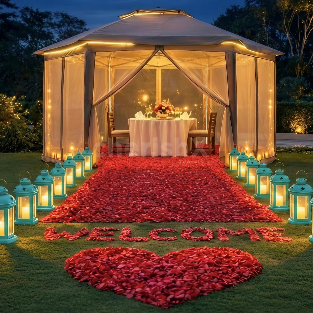 Beautiful Outdoor Dinner Setup With Soft Lights, Music In Backdrop And Greenery