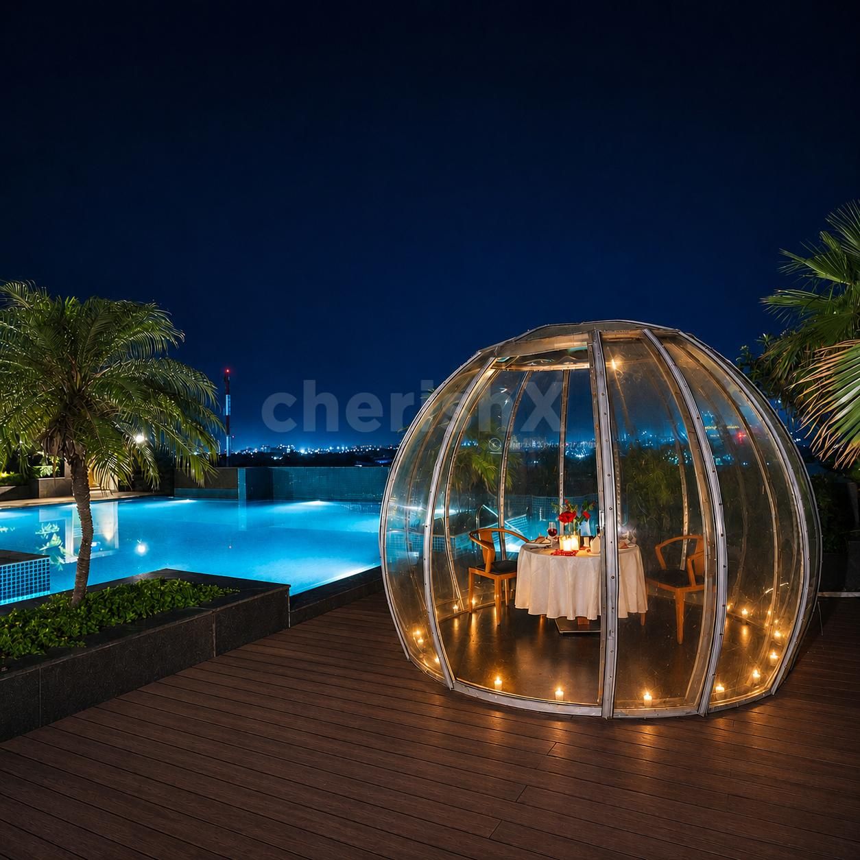 Experience a romantic gazebo poolside dining experience under the stars ...