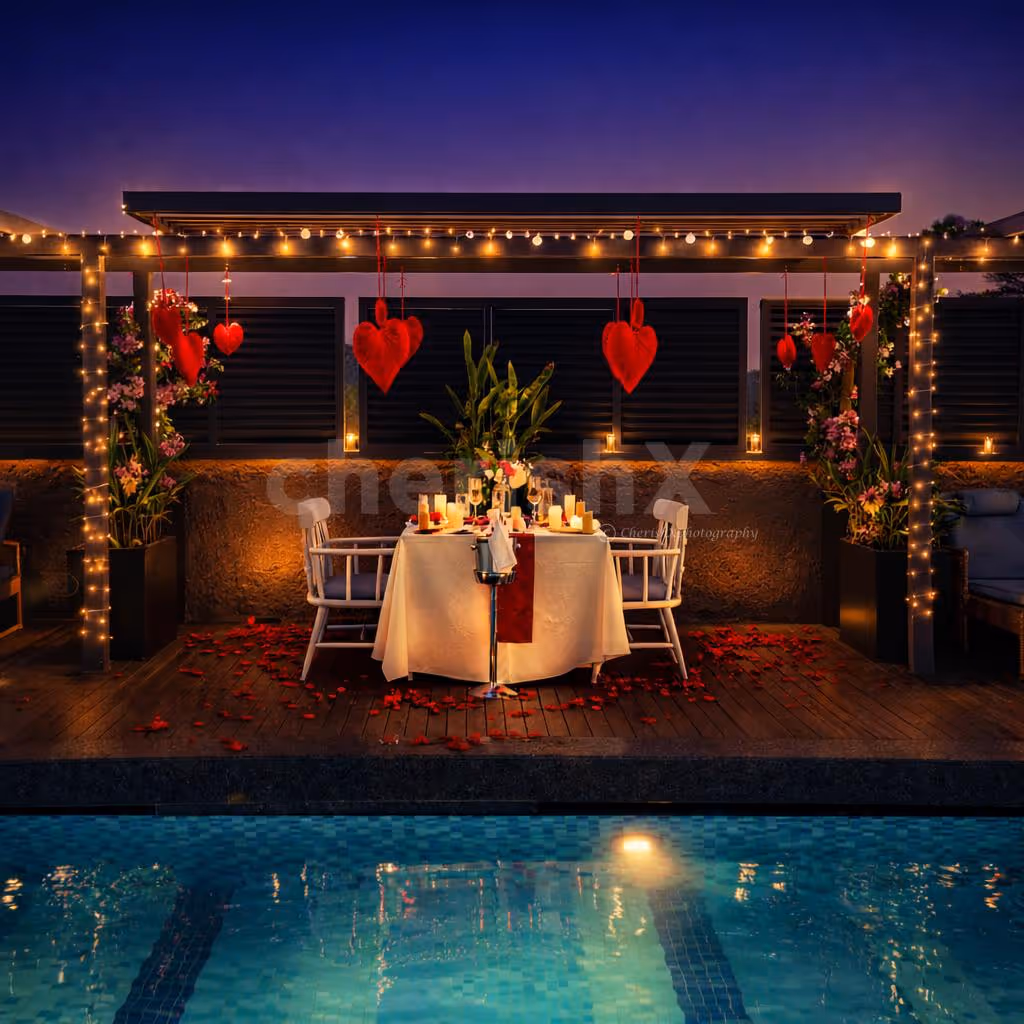 A romantic poolside table set for an unforgettable Valentine evening at Hyatt Centric MG Road Bangalore