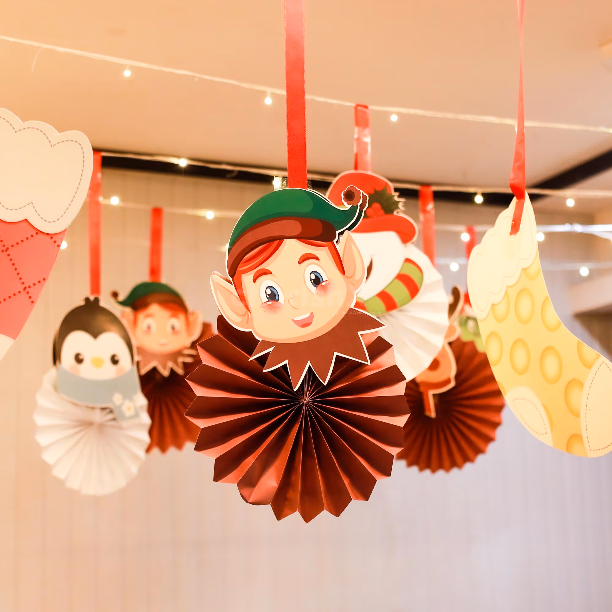 A merry atmosphere with vibrant rosettes and paper cutouts