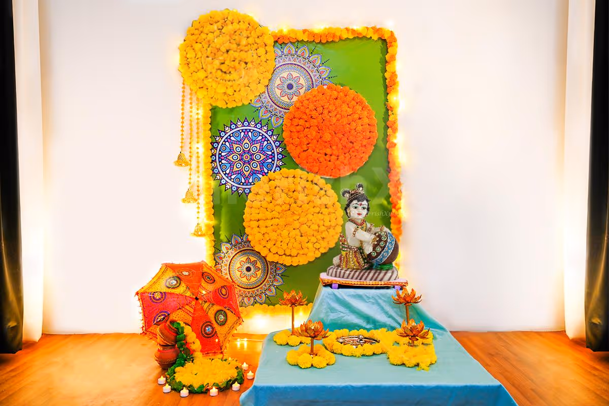 spread positivity and spirituality throughout your home with our mandala floral Janmashtami backdrop decor.