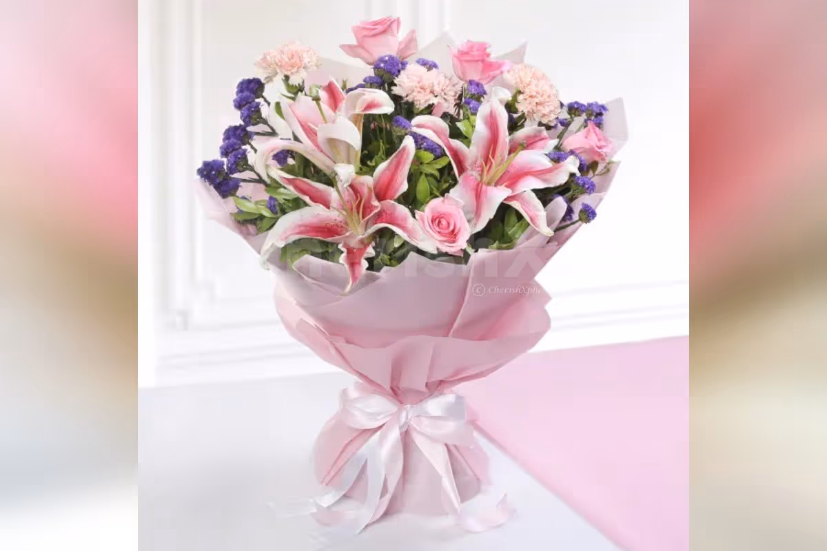 9 Mixed Pink Flowers Bouquet (Lilies, Roses, Carnations)