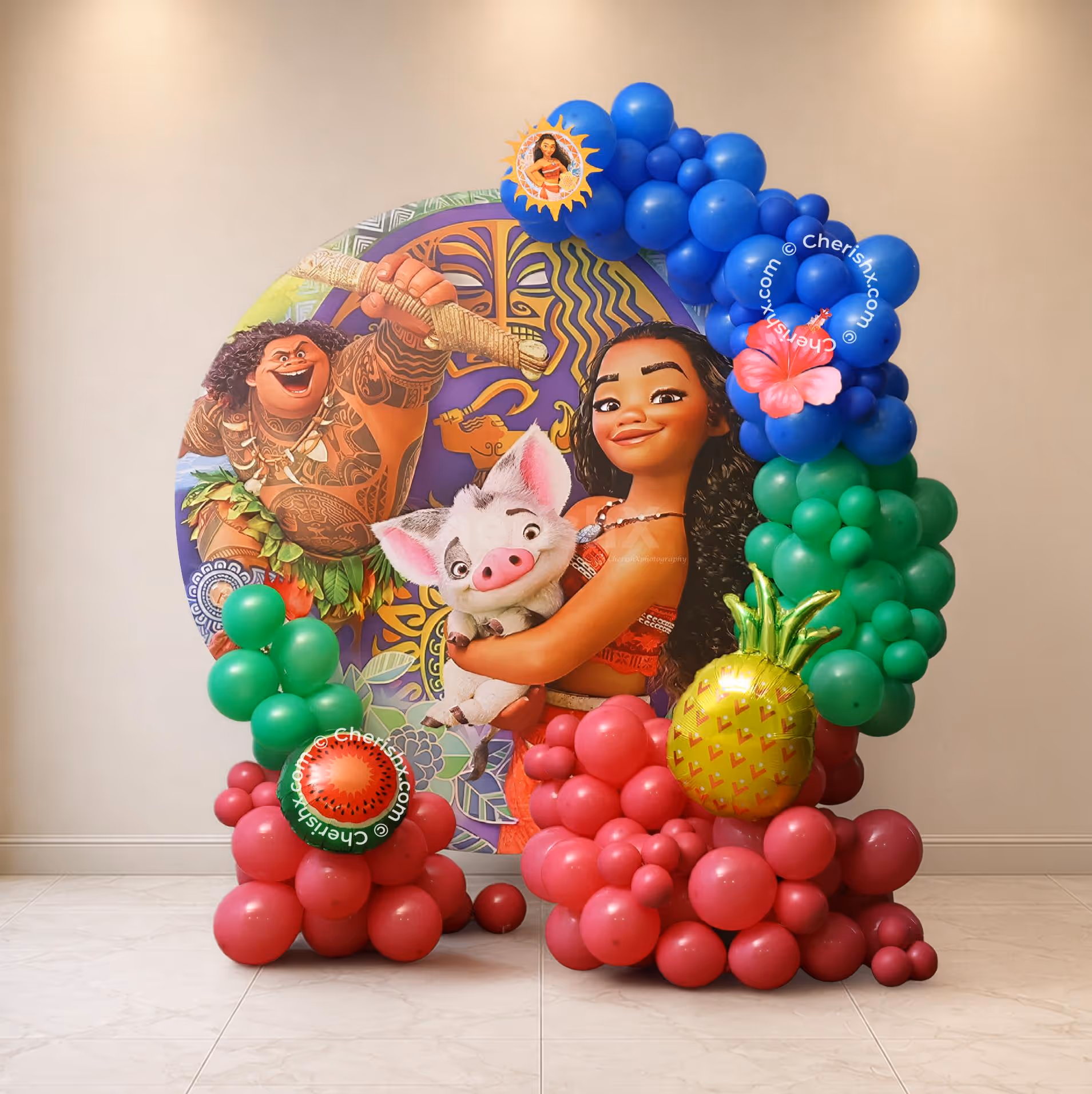 Tropical flex ring backdrop with colourful balloon arch and character artwork for Moana.