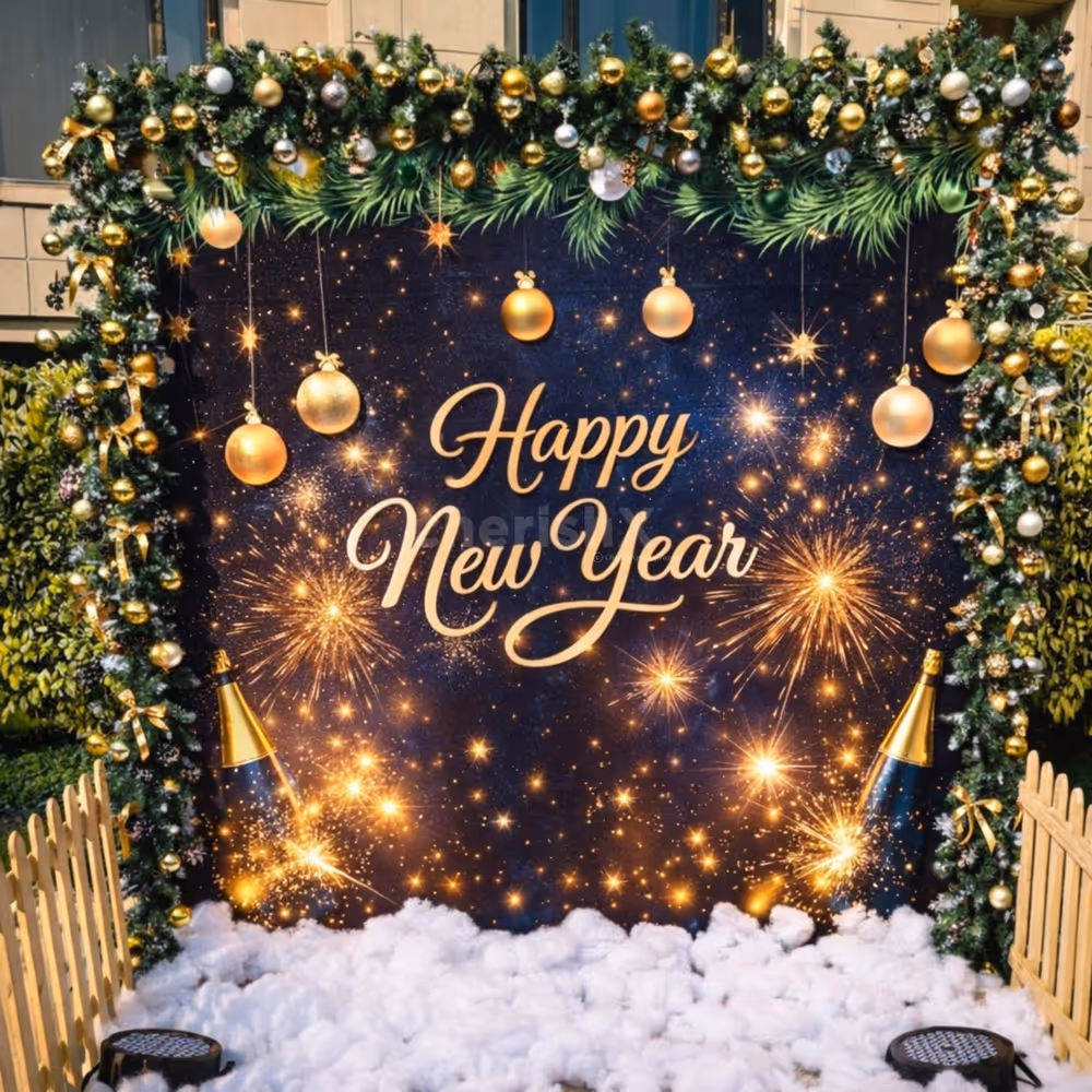Golden and silver mixed ornaments dangle like stars, creating a cheerful ambience.