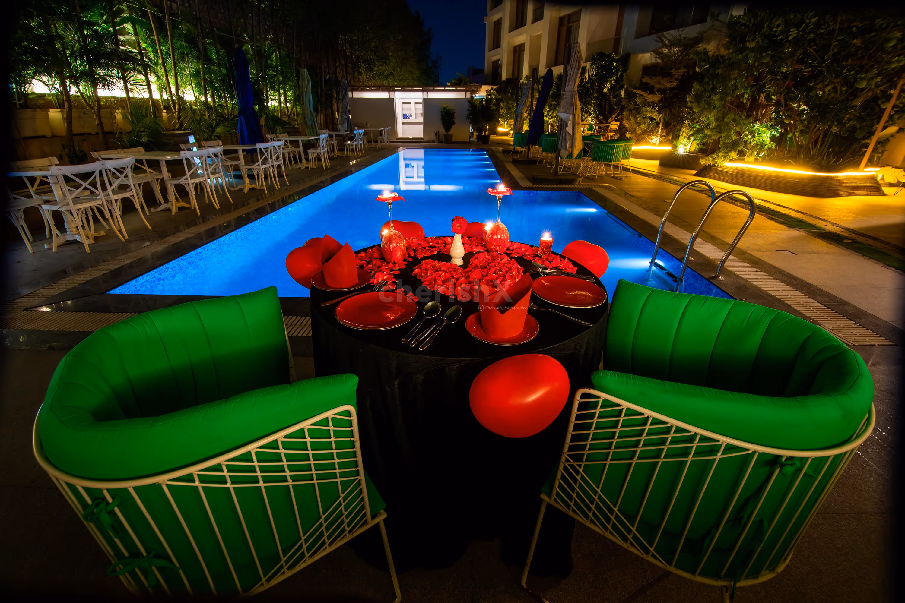 The candlelight dinner beside the pool is a lavish experience