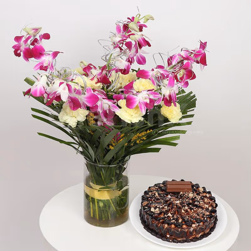 Orchids Carnations Bouquet N Cake Combo