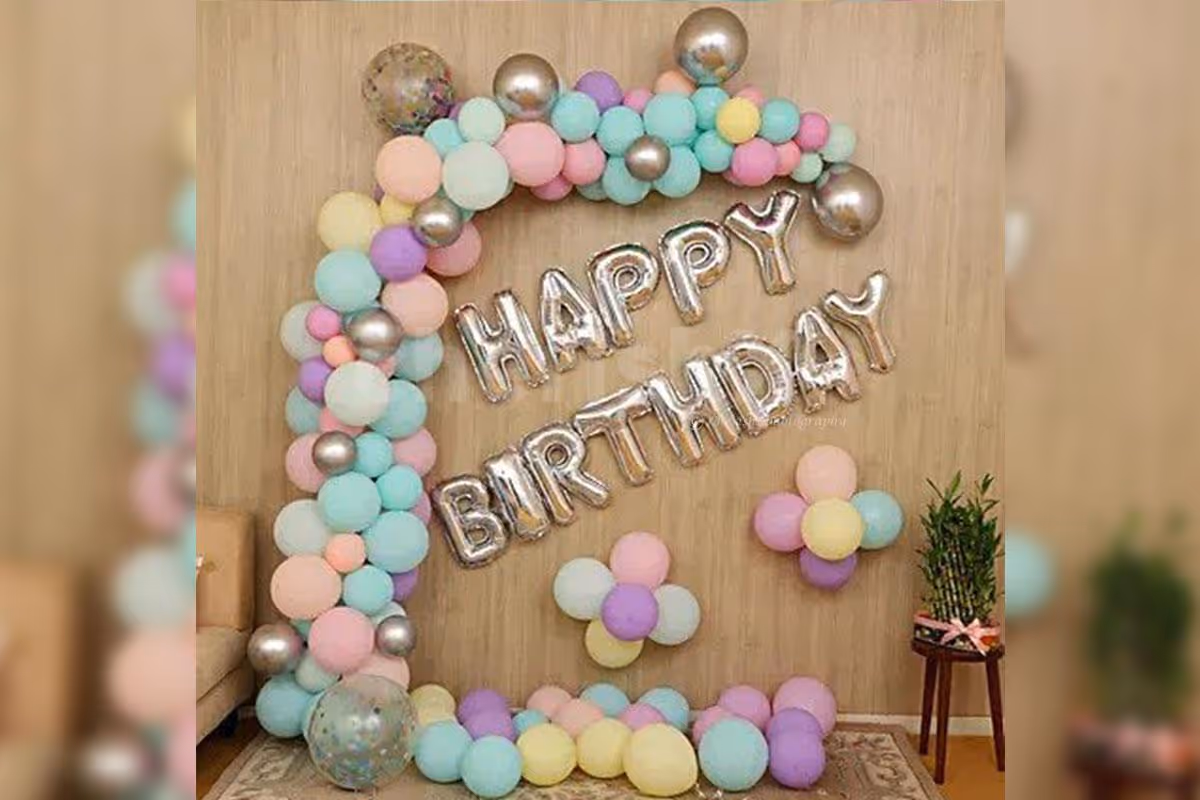 Pastel Balloons with Silver Happy Birthday Foil Balloons.