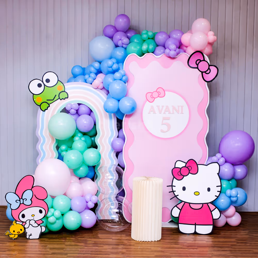 Cute Hello Kitty pastel background with rainbow decorations.