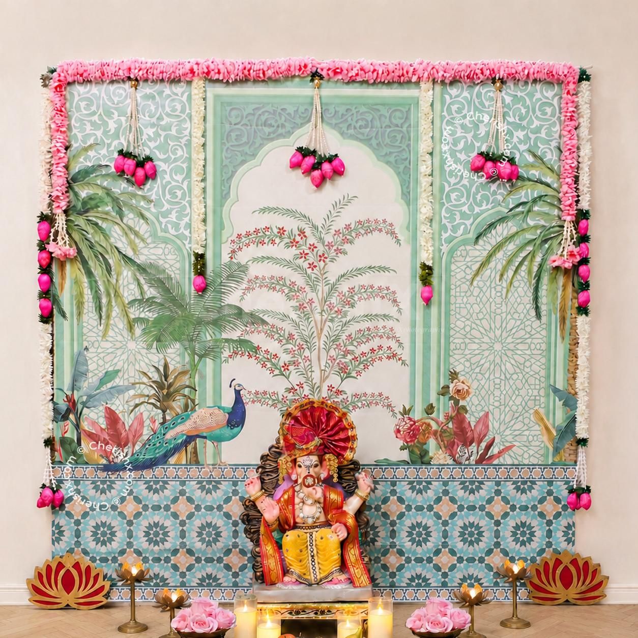 Peacock Theme Traditional Ganpati Backdrop