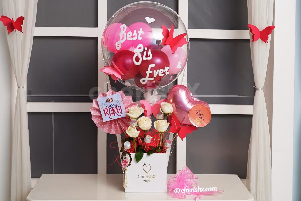 A Breathtaking Pink Rakhi Balloon Bucket for sister by CherishX!