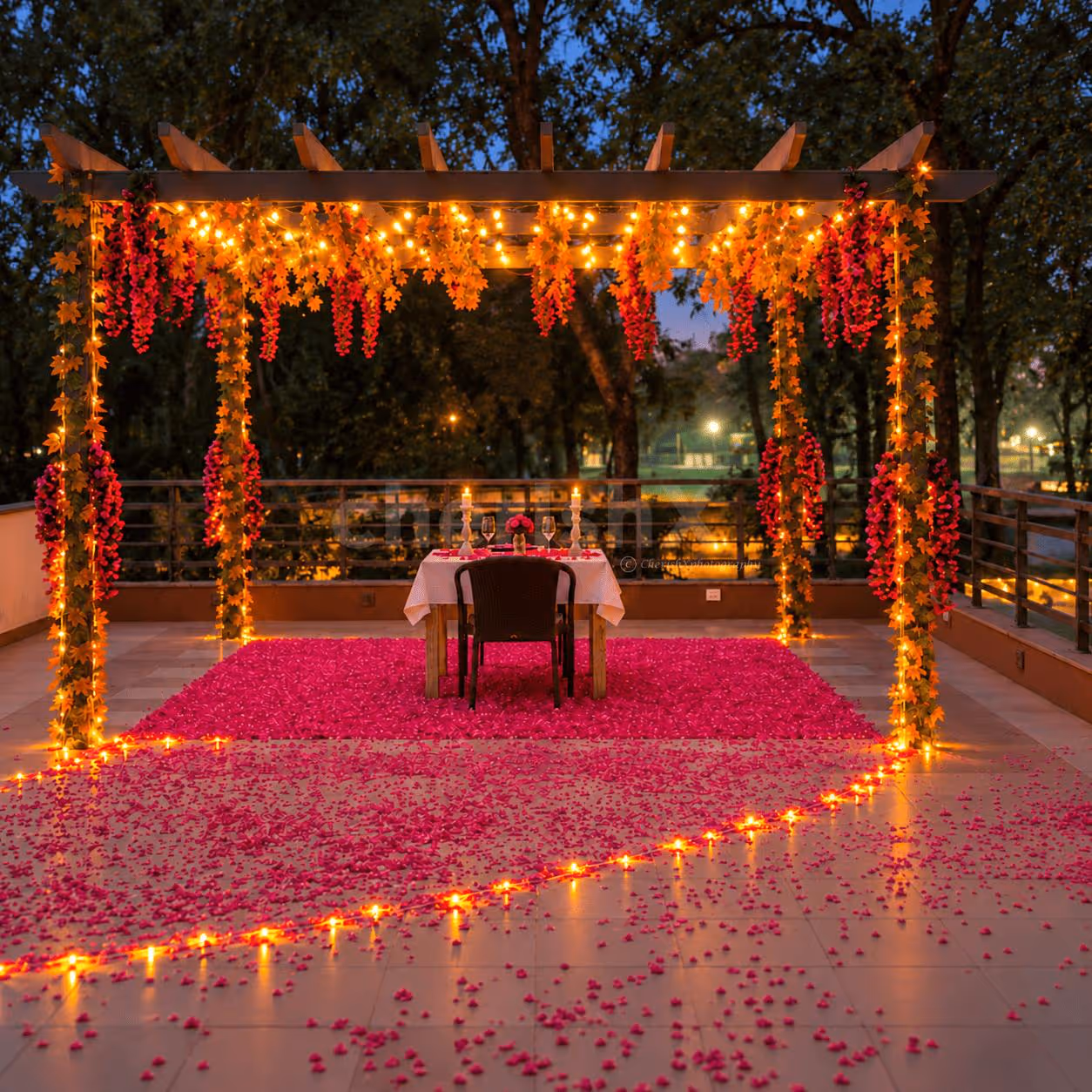 Romantic pergola candlelight dinner at Hamoni Gurgaon with golf course views.