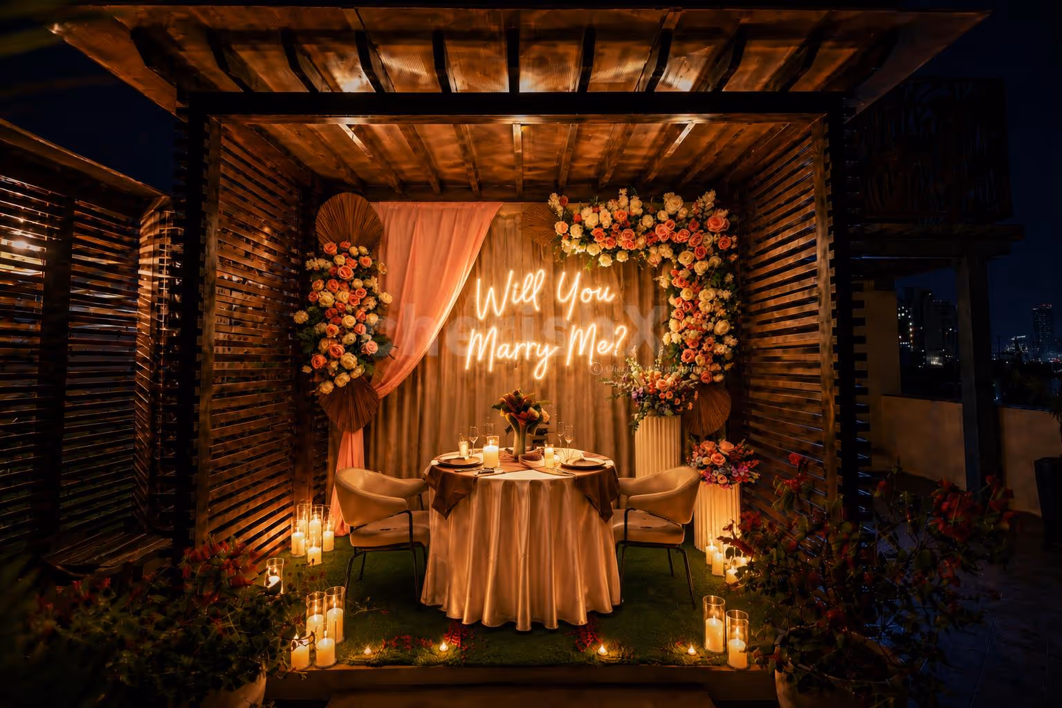 beautiful proposal decor in the gazebo at the rooftop in gurgaon