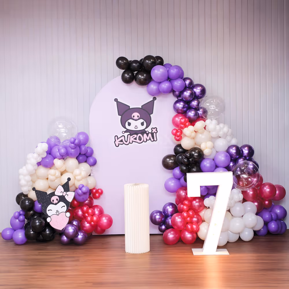 Funky Kuromi birthday background with purple and black hues.