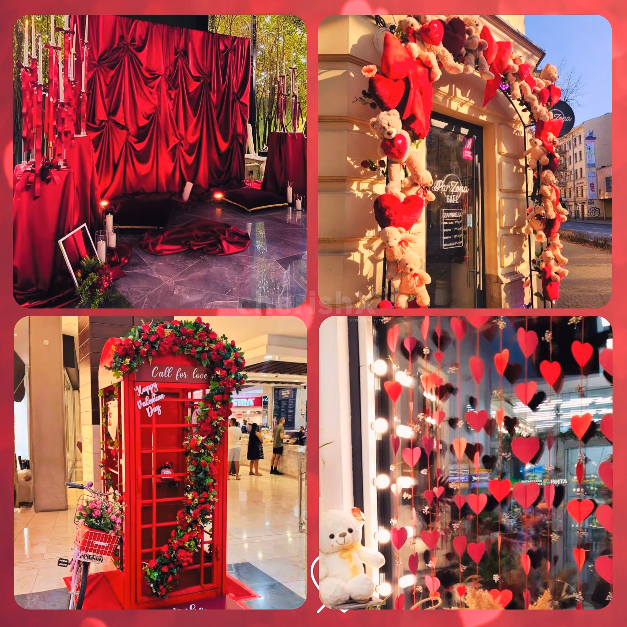 A visual story of CherishX's Red Theme Decor from entrance setup to photo worthy corners and romantic heart shaped details.