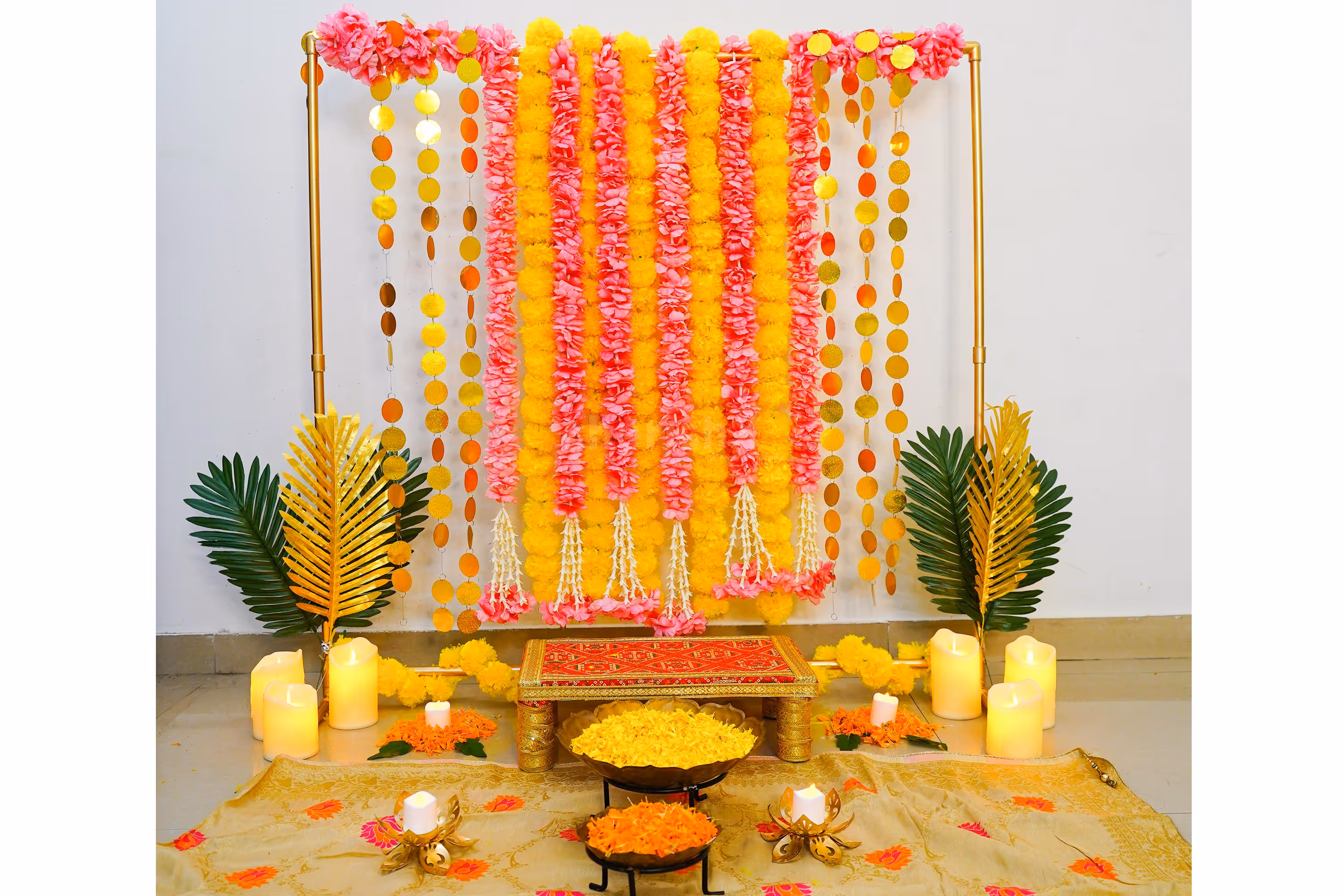 Transform your Diwali into a regal affair with our Royal Garland DIY Puja Backdrop Kit. Craft elegance effortlessly!