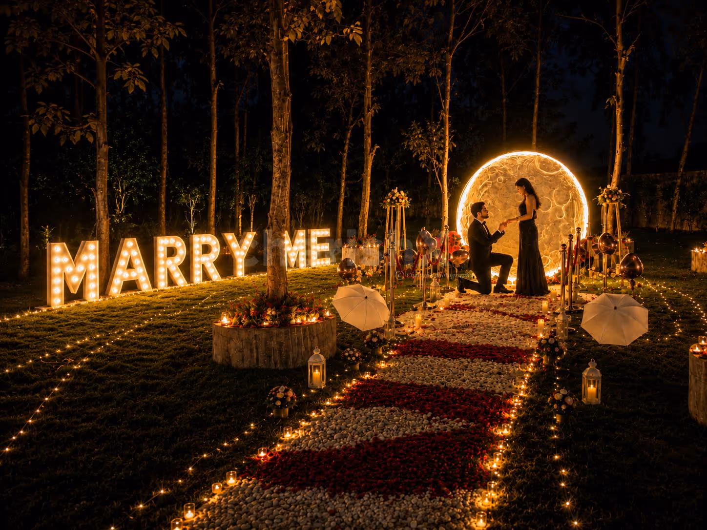 Moonlit proposal cabana setup with romantic décor and private dining