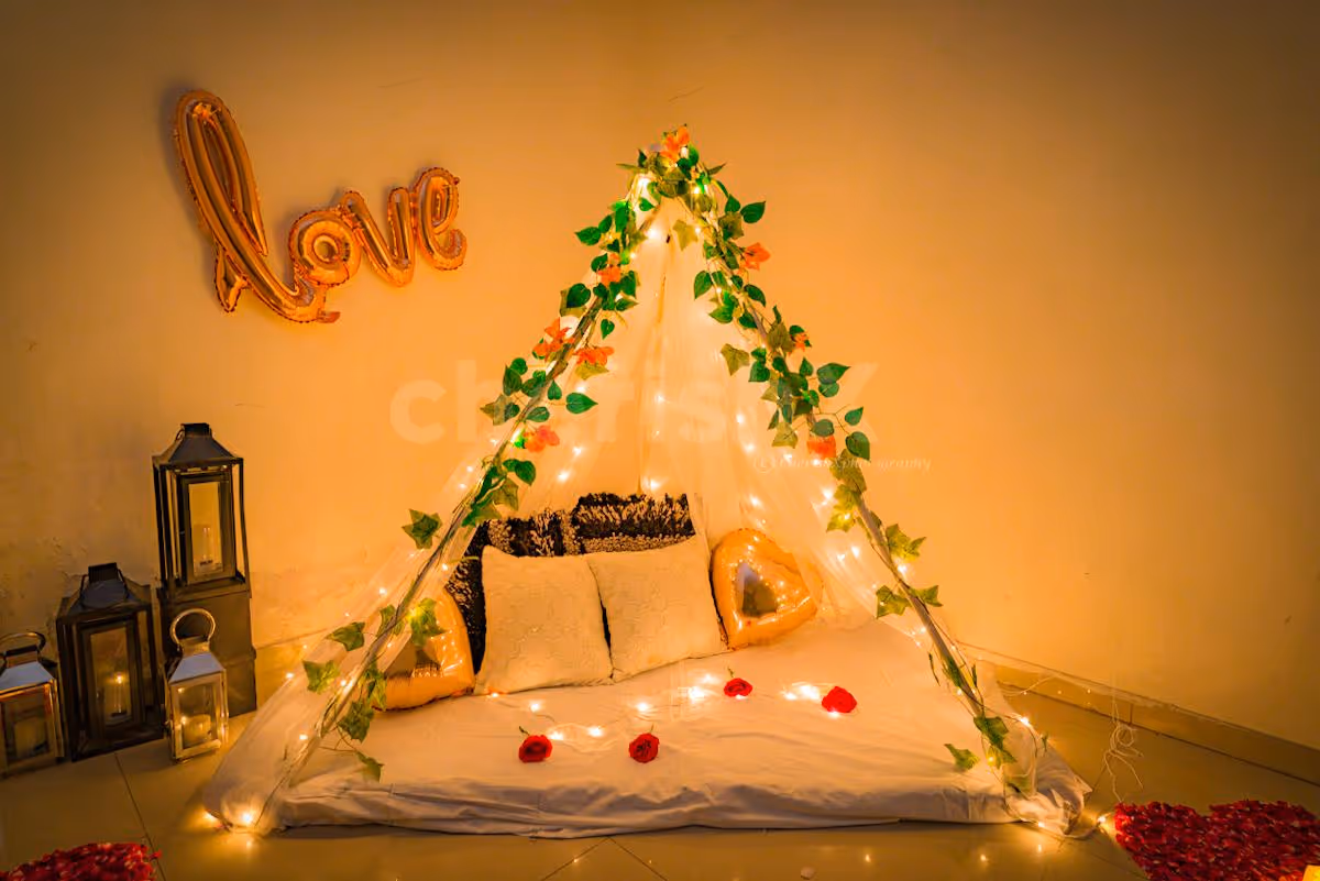 Romantic Date Night with Canopy setup at home.