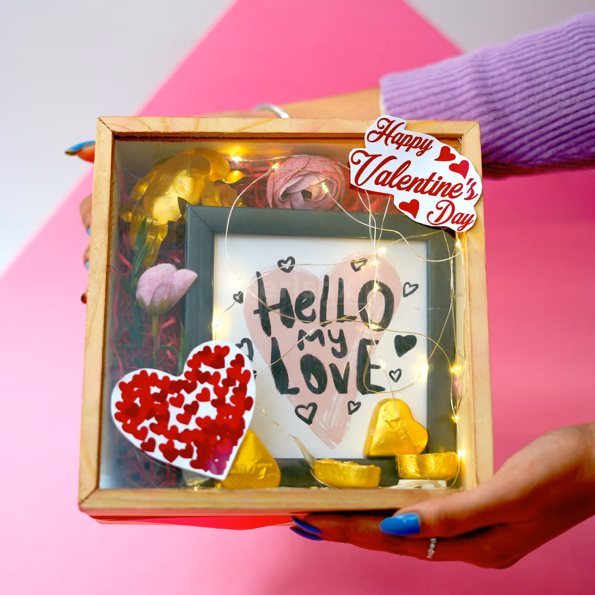 A Valentine's Elegance Rose Hamper, featuring a luxurious MDF box adorned with intricate detailing.