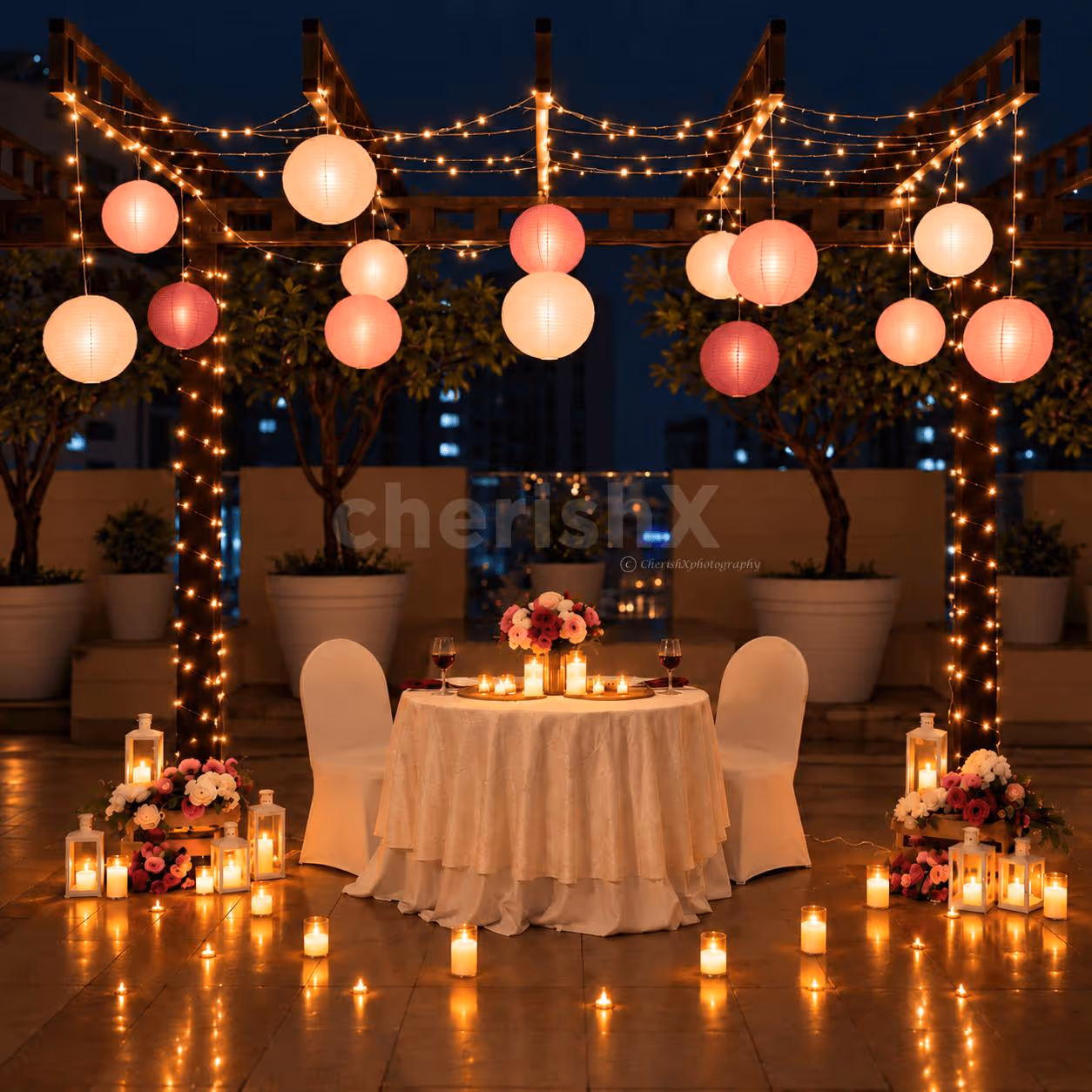 Romantic lantern-lit candlelight dinner setup at Hyatt Centric Janakpuri, Delhi