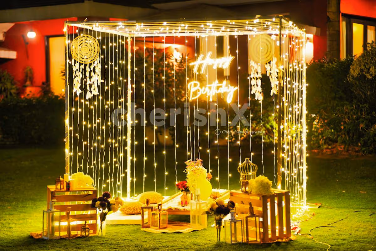 Dreamy cabanas adorned with twinkling lights, dream catchers, and pixel lights, create a romantic escape under the stars.