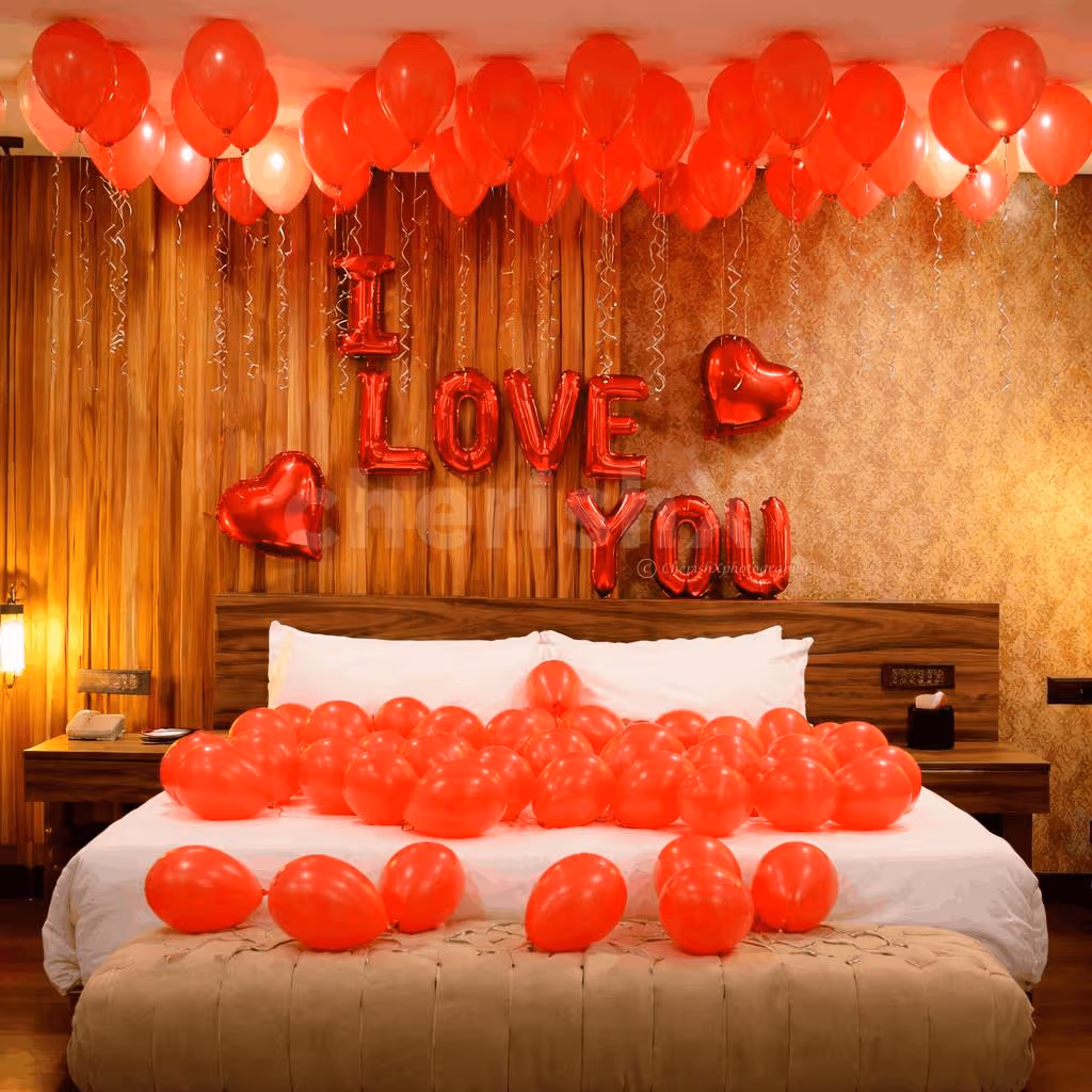 Red I LOVE U foil decor with red balloons for valentines