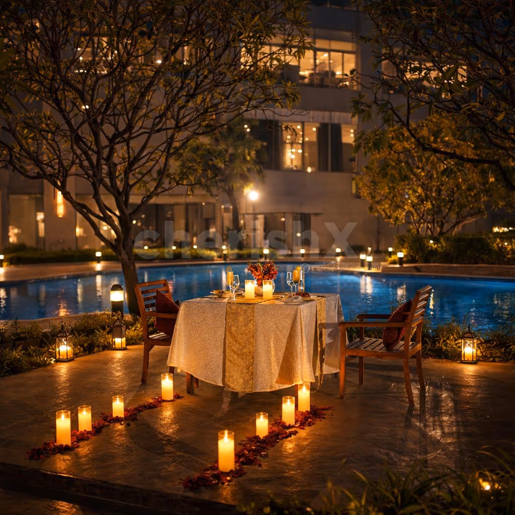 Pool view garden candlelight dinner under the open sky