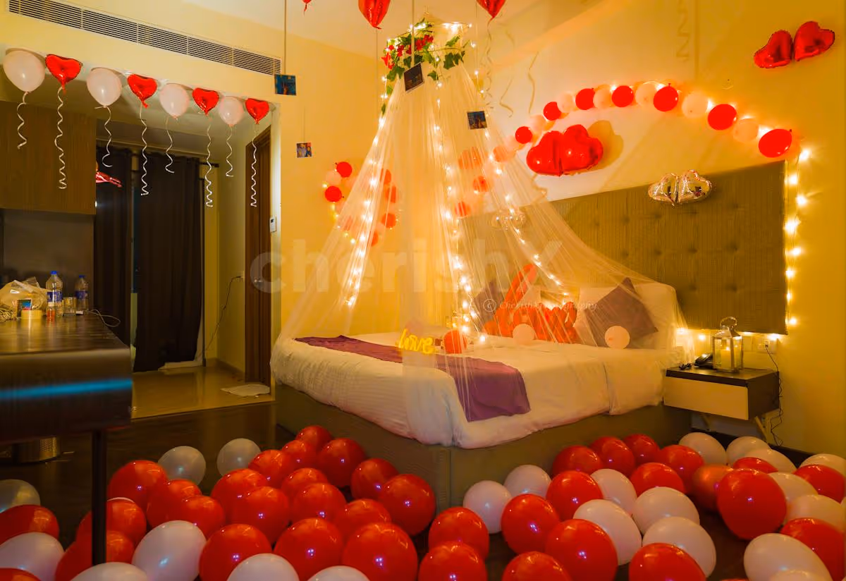 Surprise your loved one with a beautiful First Night Red Balloon Canopy Decor offered by CherishX!