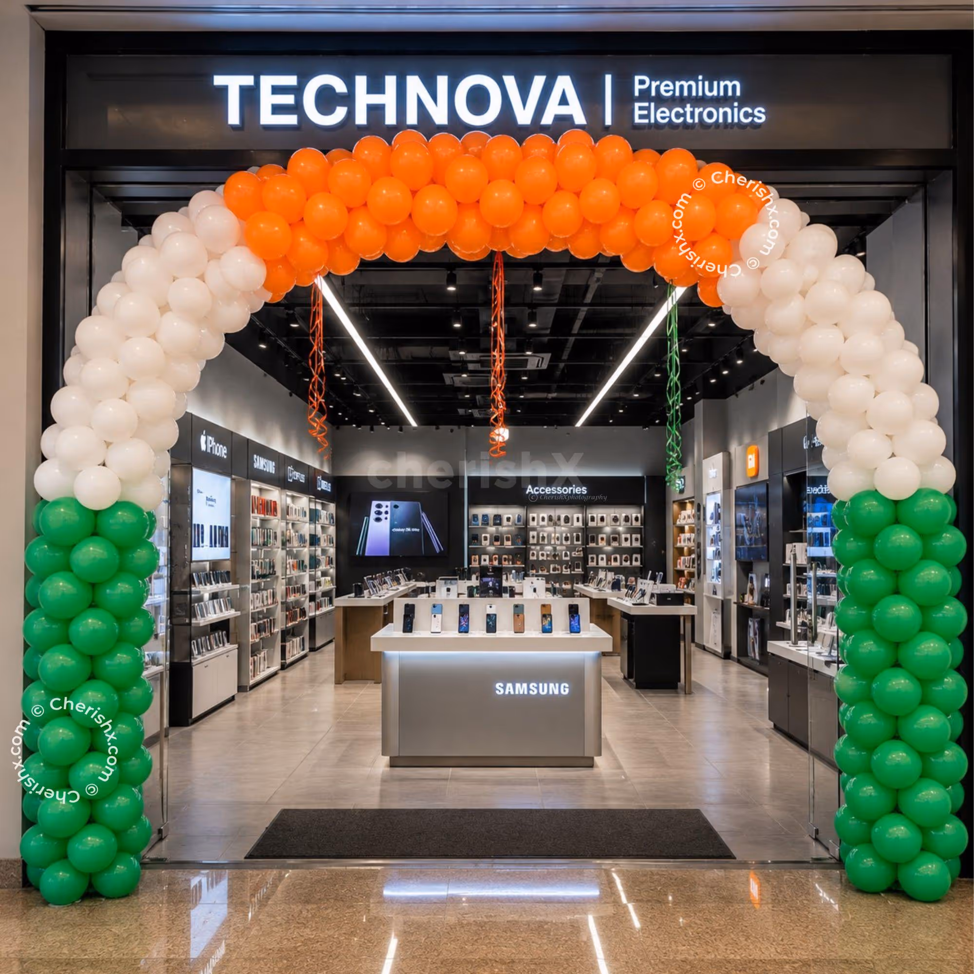 Decorate tricolor balloon entrance with premium orange, white, and green balloons for the main entrance of the store.