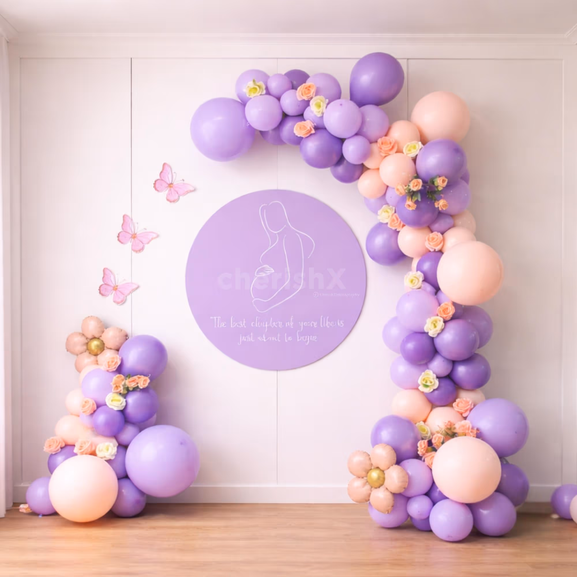 A Balloon Arch With A Teddy, A Moon Balloon, And Oh Baby Foil Letters Forms A Beautiful Baby Shower Setup.