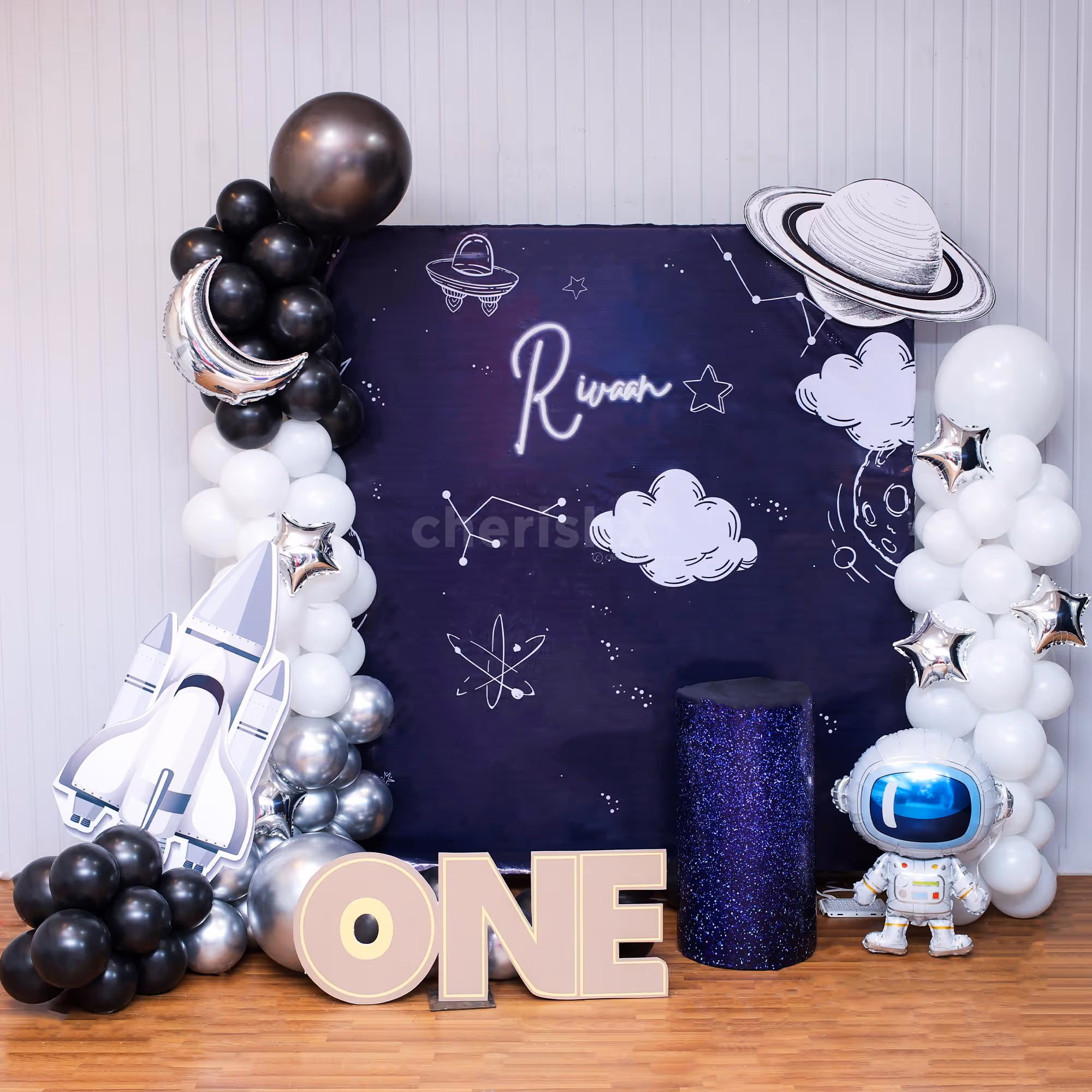 A whimsical galaxy flex background with starry cutouts and cosmic details.