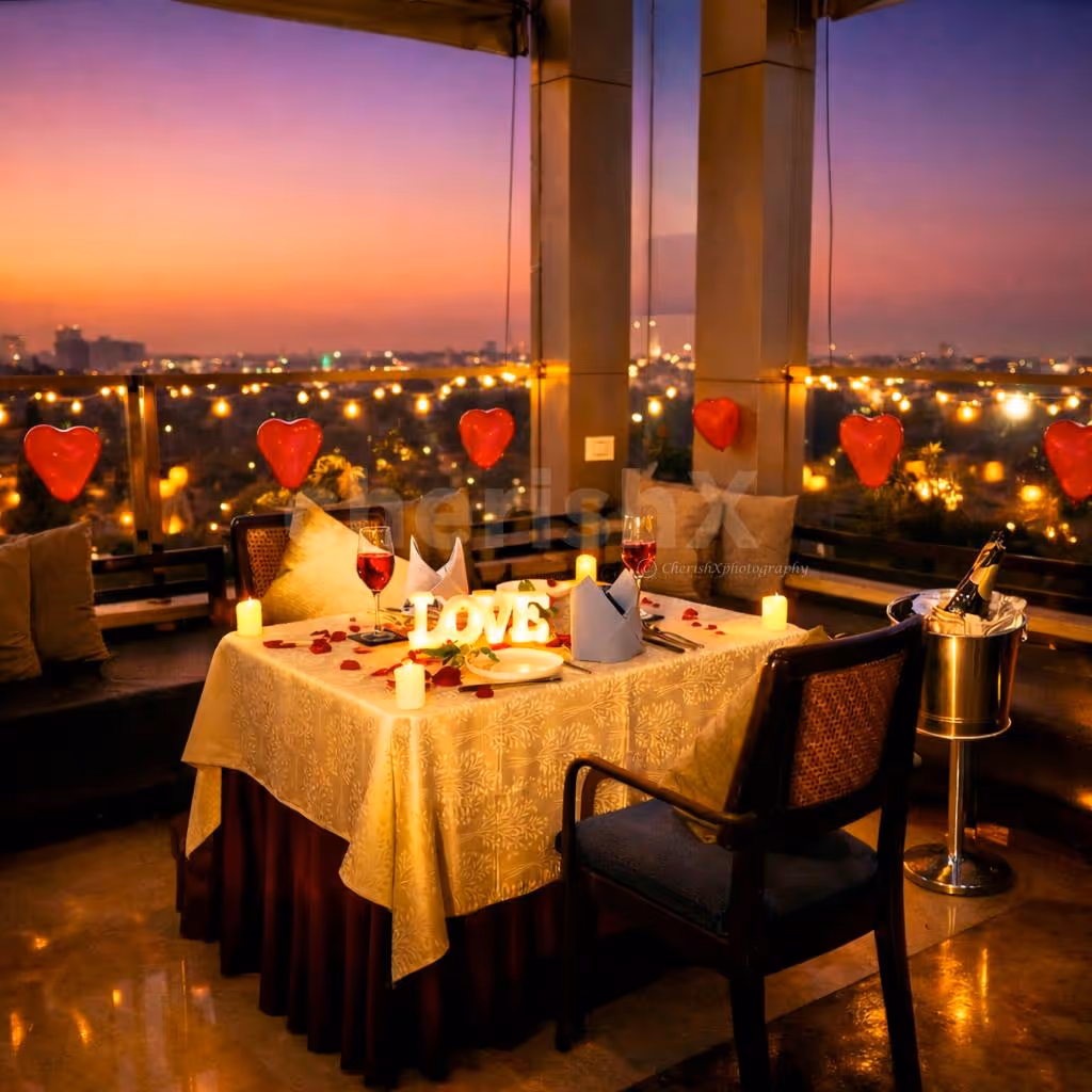 An enchanting open-air terrace candlelight dining experience at Royal Orchid, where romance meets the glow of city lights