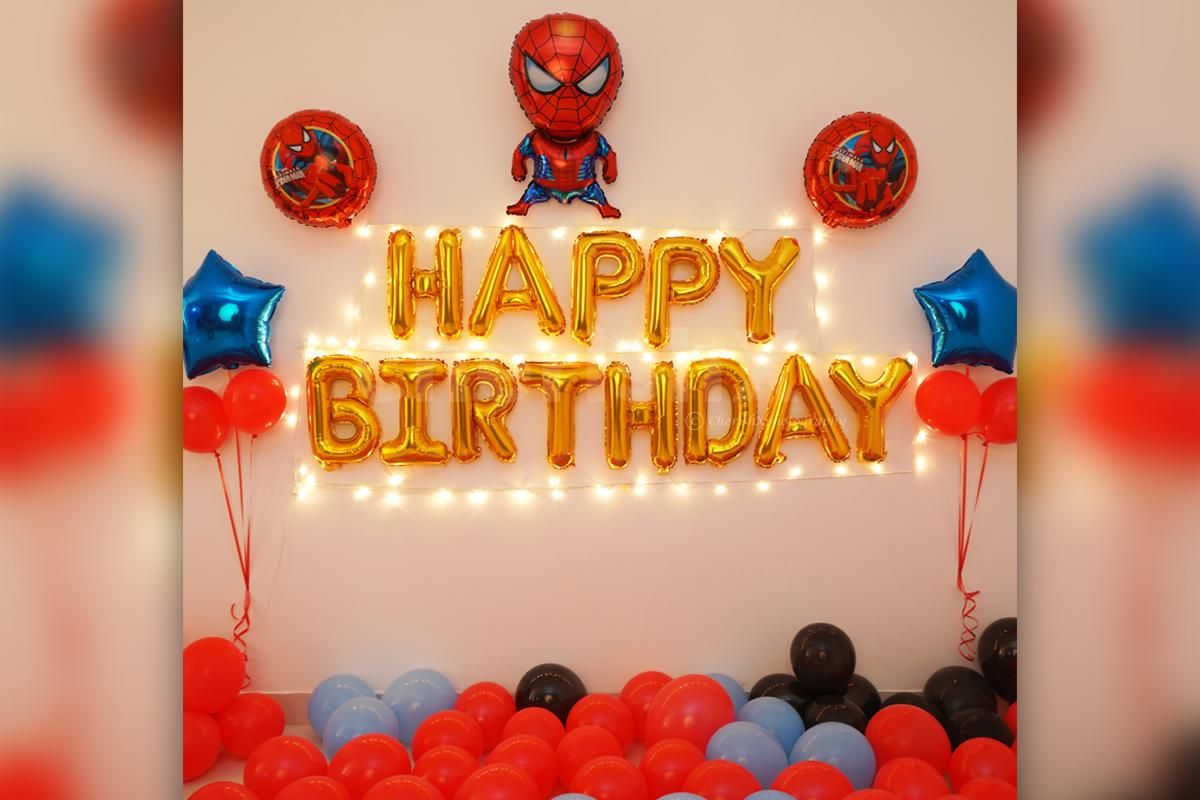 Plan your child's birthday by booking CherishX's Spider Man Birthday Surprise Decor filled with colorful balloons and foil balloons.