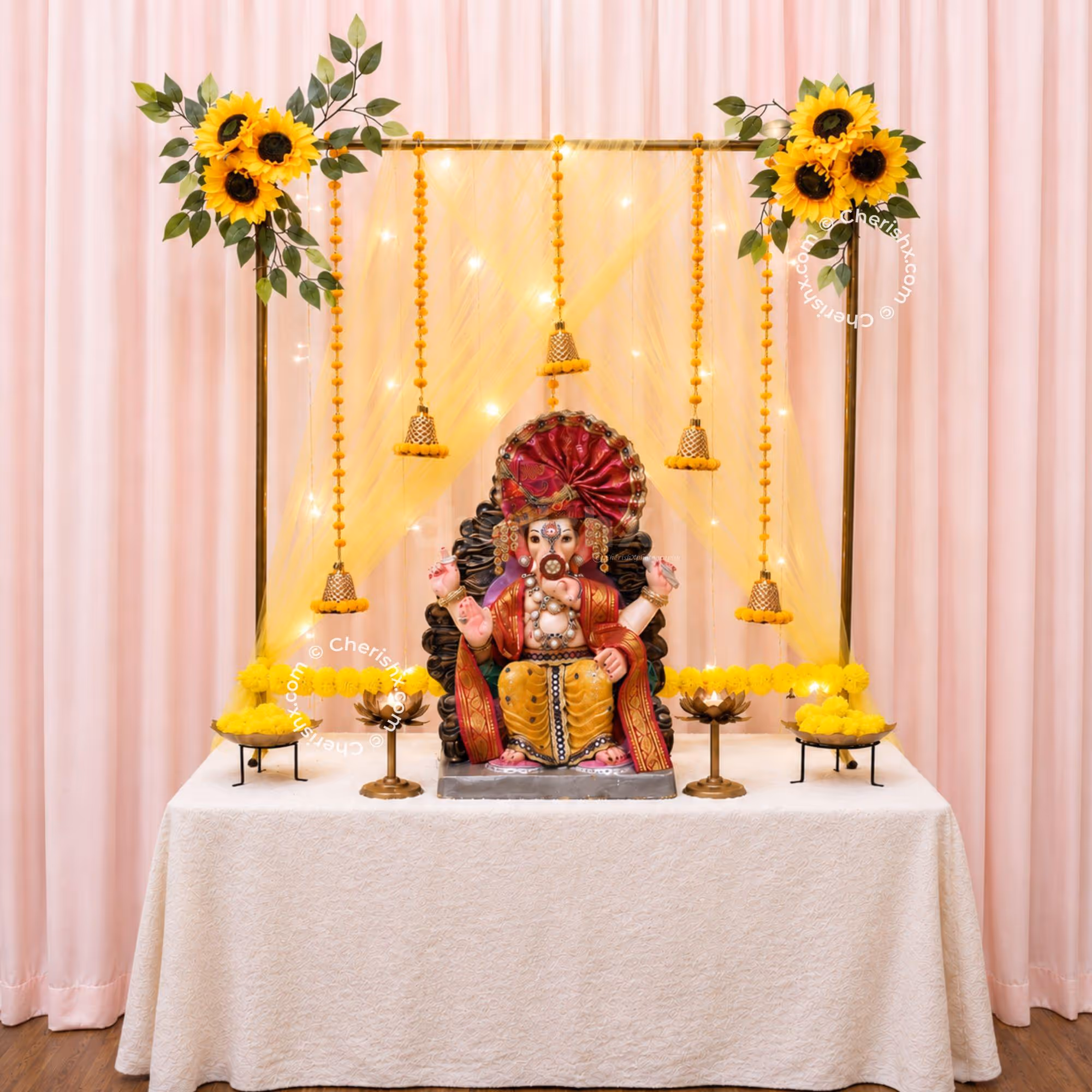 Bell Hangings and Golden Stand with Yellow Flower and Fairy Lights Sunflower Ganpati Backdrop Decoration.