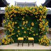 A wall of blooming sunflowers and verdant green leaves.