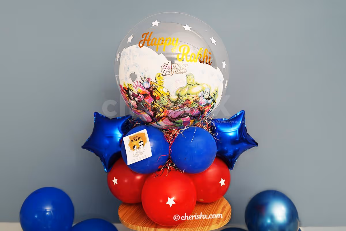 A Rakhi Message attached with CherishX's Superhero Rakhi Balloon Bouquet.