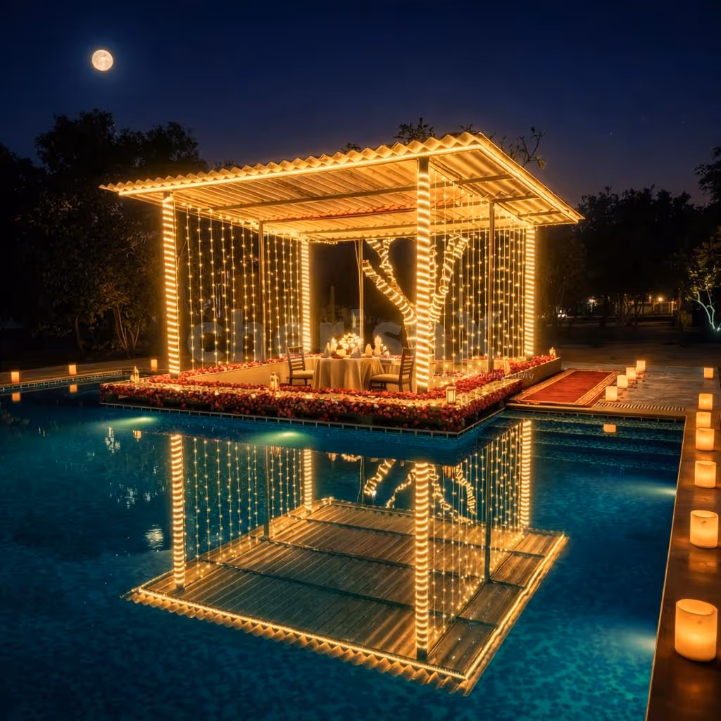 Private Poolside Pergola Dining Setup For A Romantic Couple's Dinner