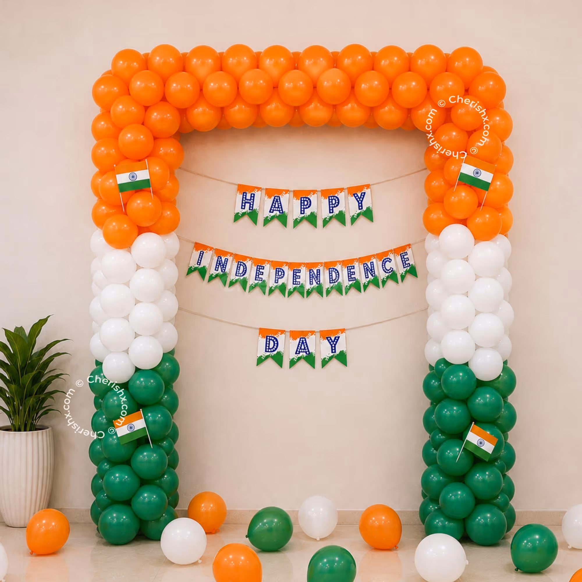 Orange, white, green three-colour bunting balloon backdrop with orange, white, green balloon arch for celebrating Independence Day in an office or showroom.