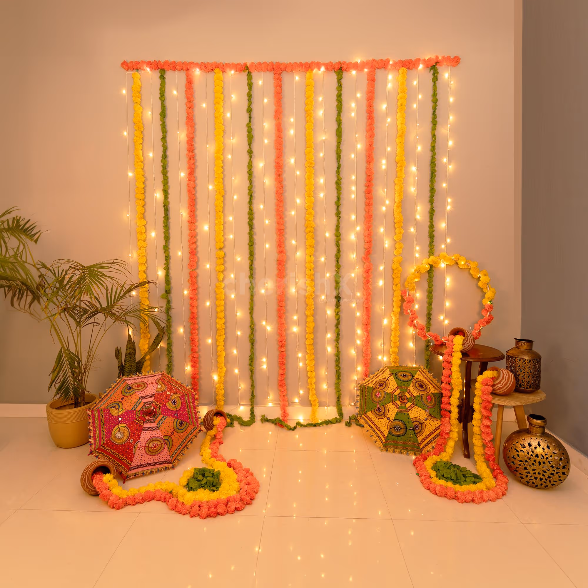 Festive Umbrella and Flower Garlands Decor