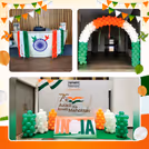 Balloon pillars flex banner with green floor flex banner brightens up the Centre spot