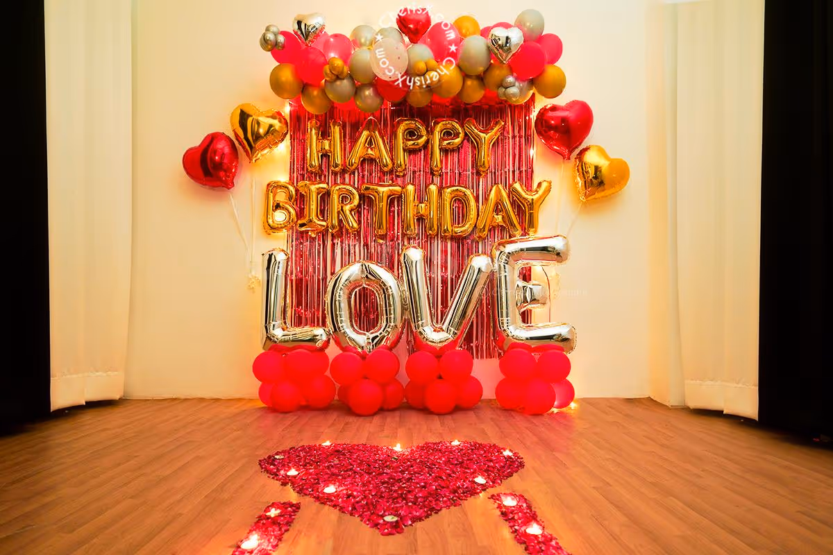 Red Balloon Decoration for Birthday with Flower Petals & LOVE Stand