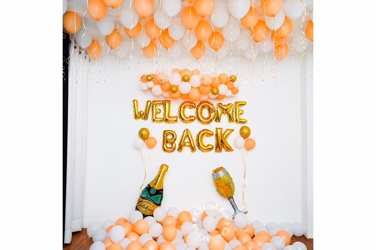 Book a perfect white and peach theme decor for your celebrations.