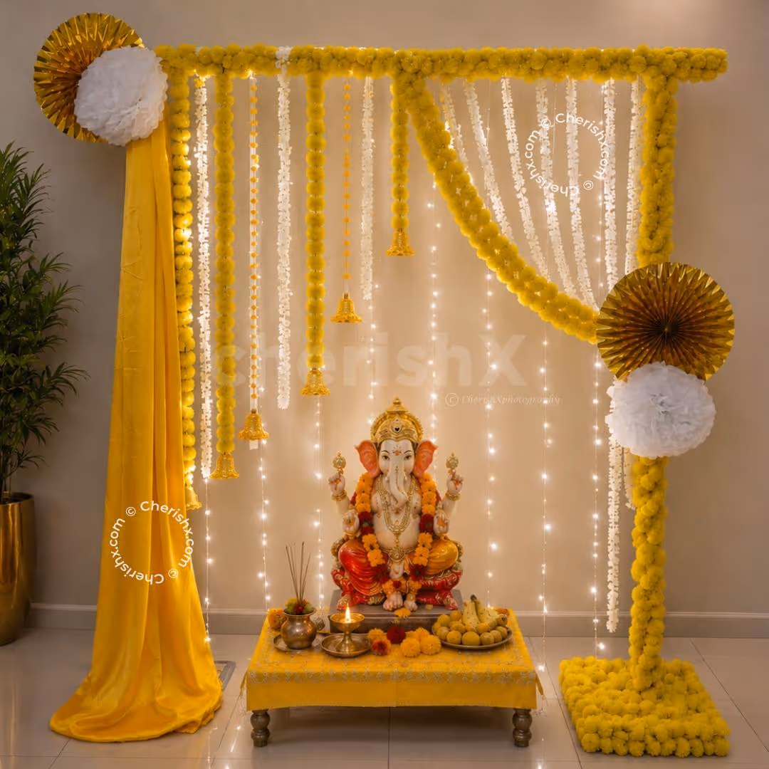 Embrace the festive spirit with vibrant garlands and fragrant jasmine strands, infusing your home with vibrant positivity and joy.