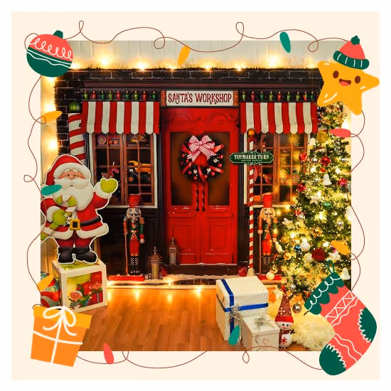 Xmas decorations featuring a santa workshop flex with a beautifully adorned Christmas tree along with a santa cutout and a fancy gift boxes