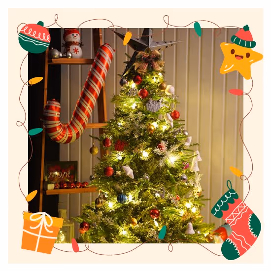 Xmas decoration at home with a festive Christmas tree adorned with beautiful ornaments and pixel lights