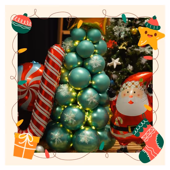 Christmas tree balloon bouquet with a santa foil balloon