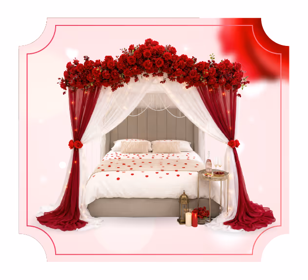 Romantic Proposal Setup with Balloons, Roses and Candles