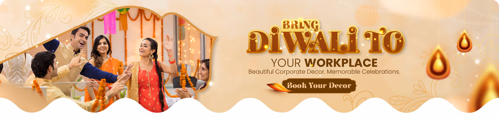 Diwali corporate office decoration with lights and flowers