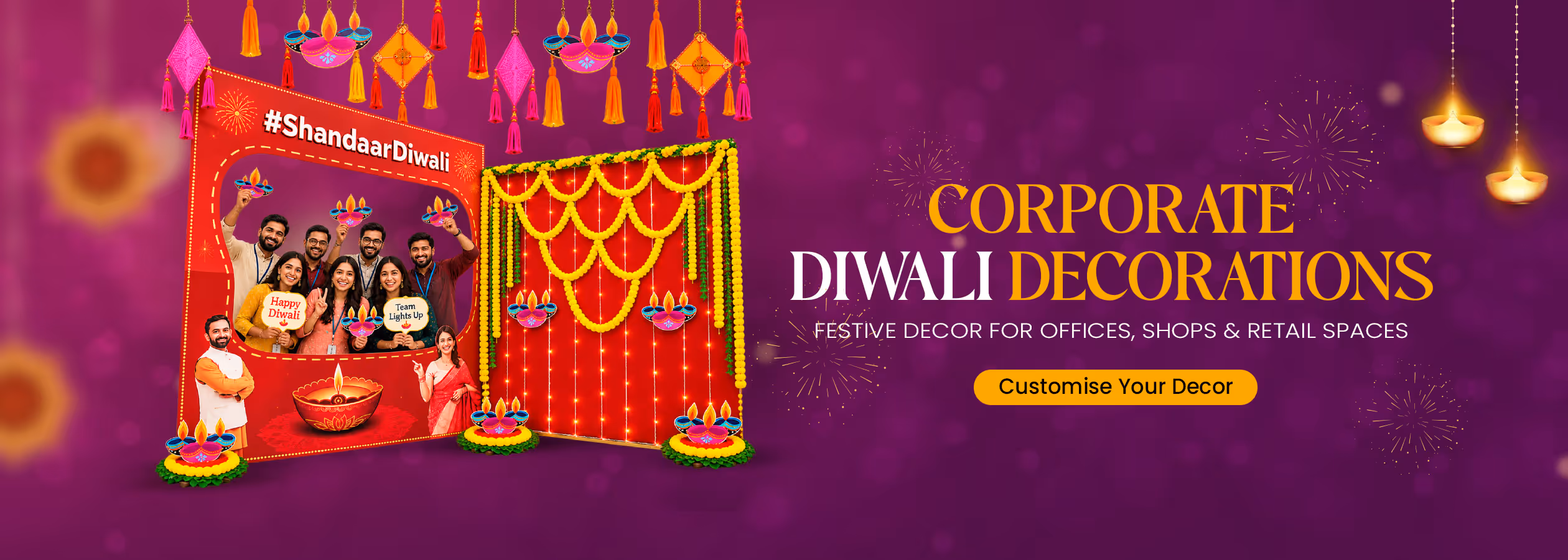 Corporate Diwali Decoration with Festive Lights, Traditional Flowers and Elegant Office Decor